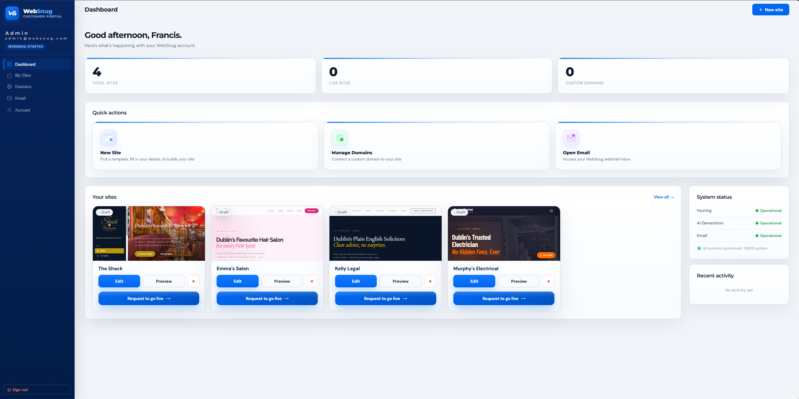 WebSnug customer dashboard showing site, domain and email management