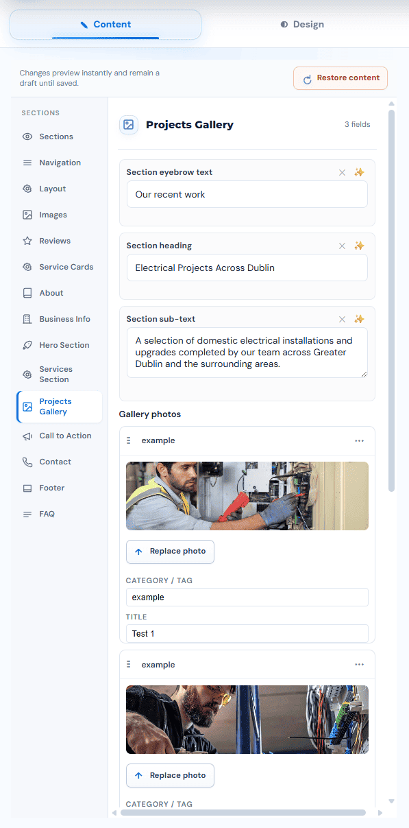 WebSnug editor Content tab showing section navigator and live website preview