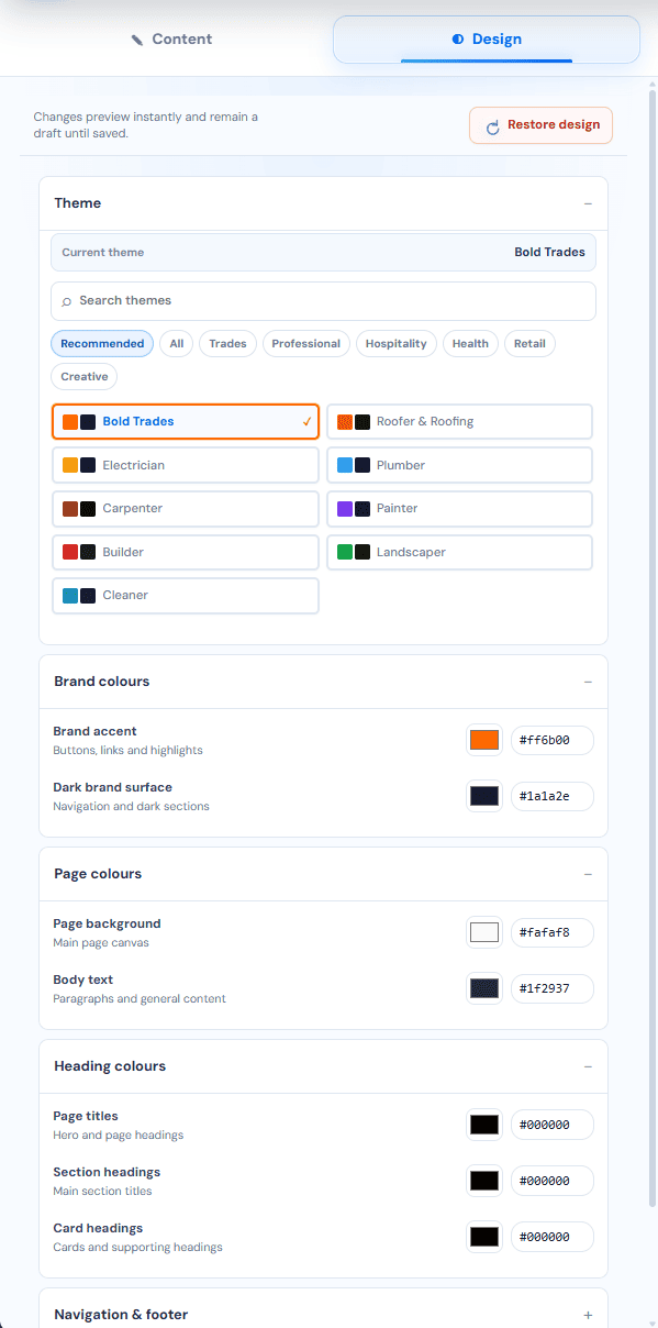 WebSnug editor Design tab showing theme picker and colour controls