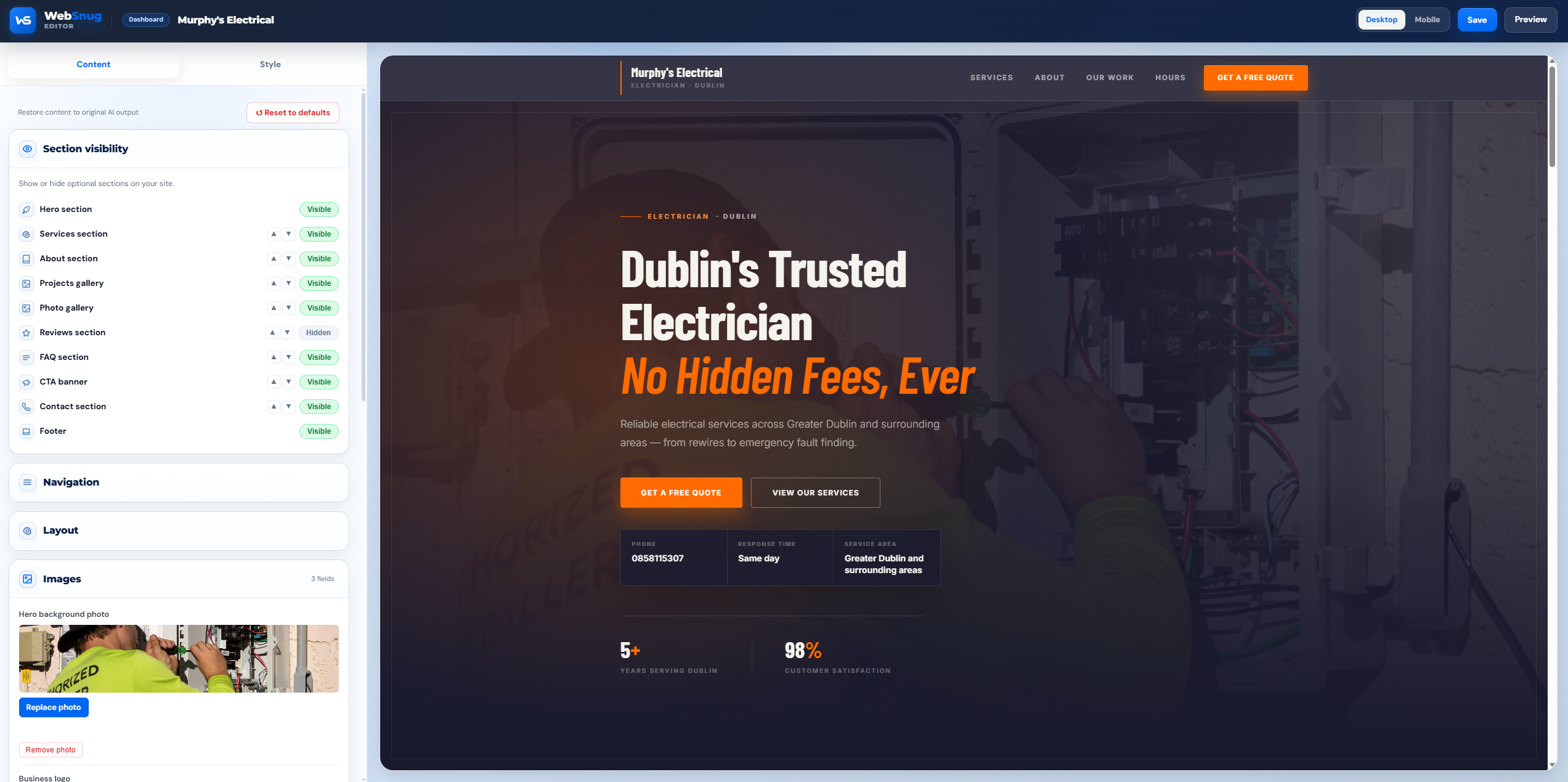 WebSnug website editor displaying a trades website