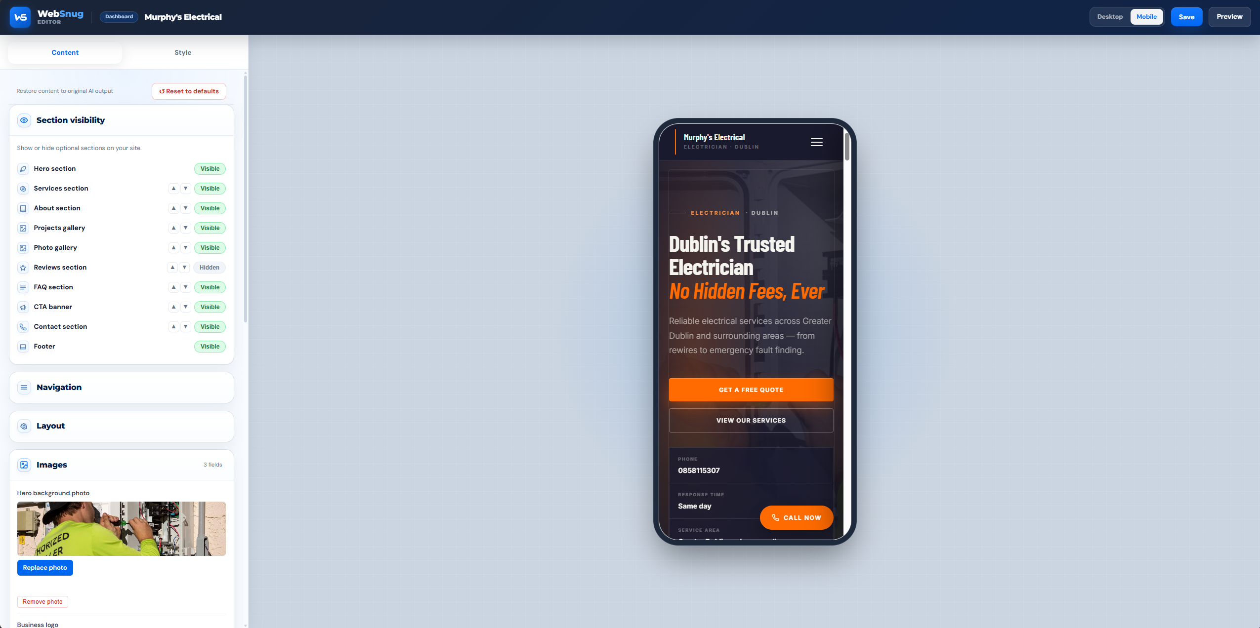 WebSnug mobile preview of a trades website